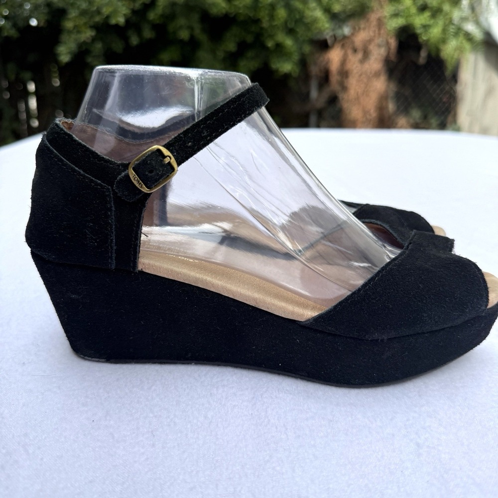 Toms Black Suede Wedge Sandals with Ankle Strap